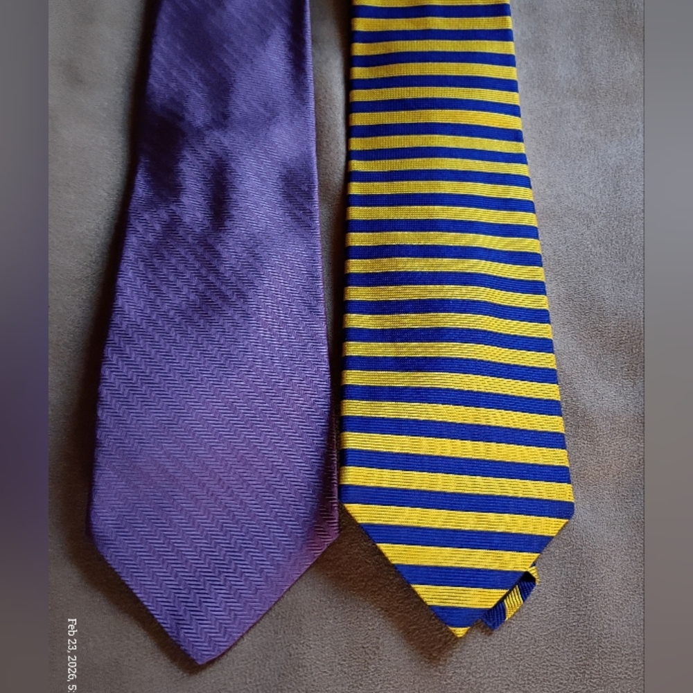 Lot of 2 Brooks Brothers Silk Ties Purple Textured & Yellow Navy Stripe 3.5"